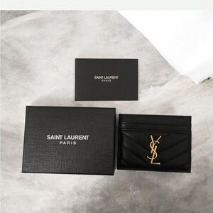 Auth Yves Saint Laurent Black Card Holder with Gold Logo EUC fully inclusive
